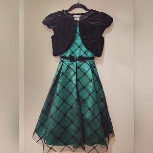 Girls Size 10-12L Black Emerald Green Formal Dress EUC